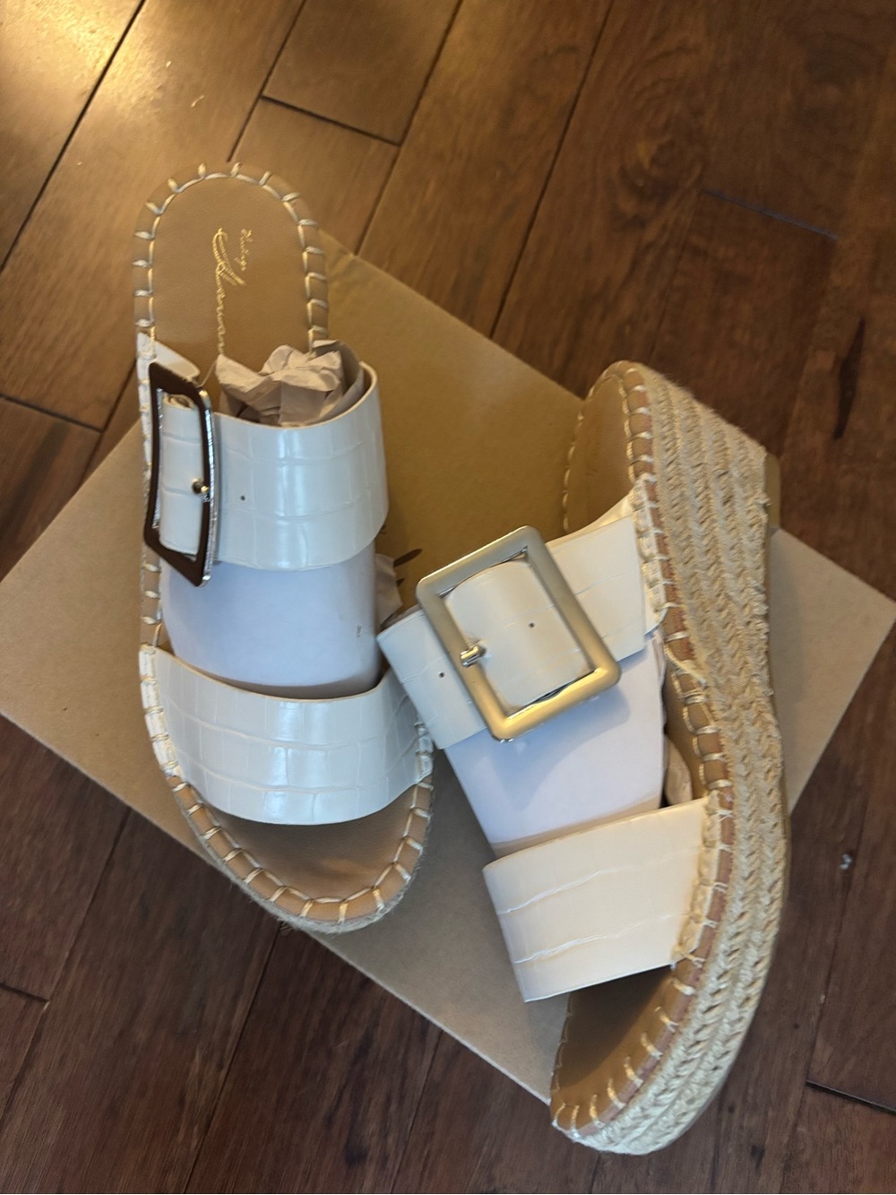 Vintage Havana White Croc-Embossed Espadrille Wedge Sandals with Silver Buckle